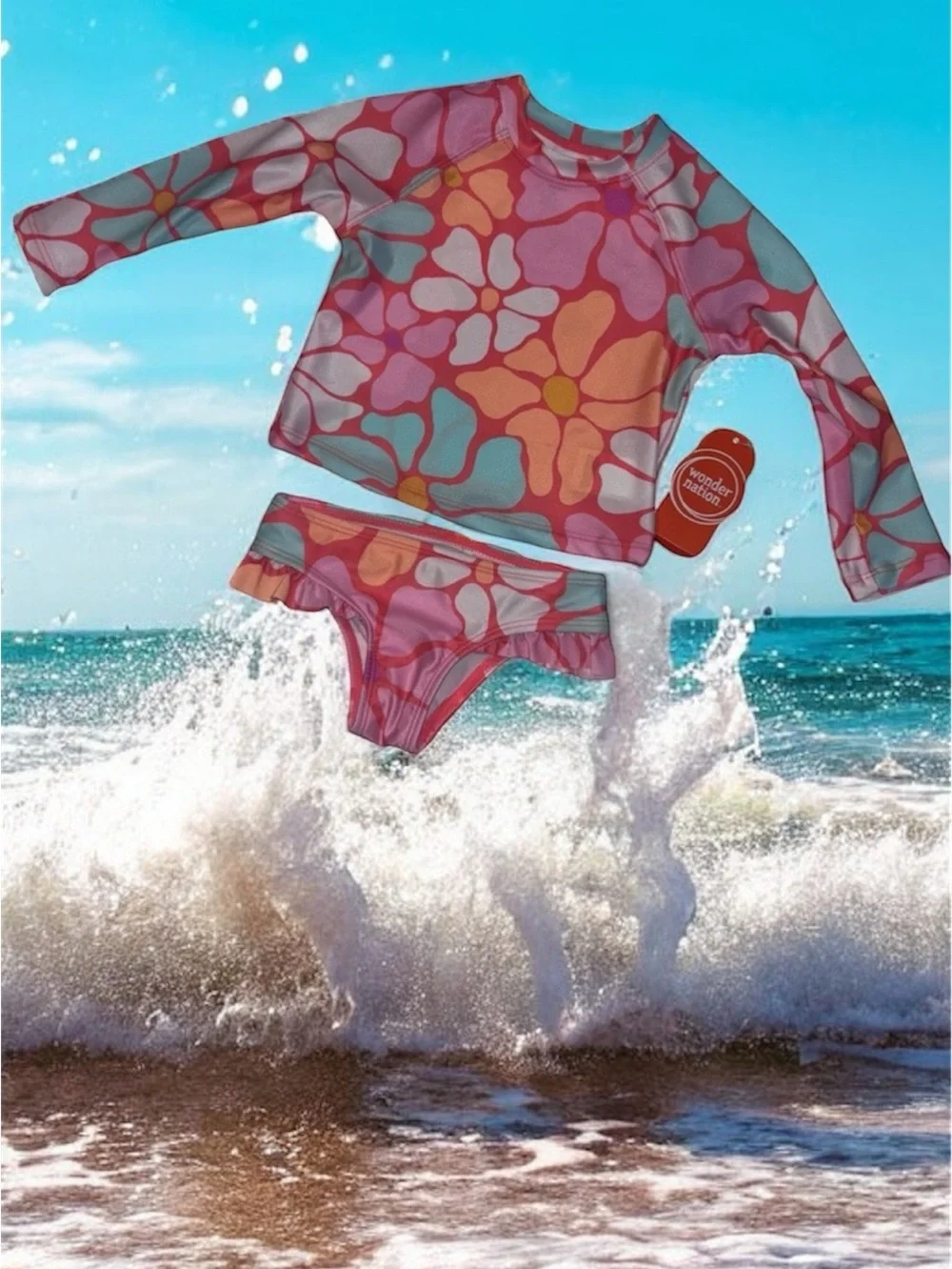 Wonder Nation Multi-Color Floral Long-Sleeve Rashguard Bikini Swim Set Baby 12M